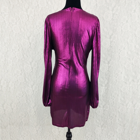 Shiny Wrap Bodycon Long Sleeve Deep V-neck Mini Dress Purple - Picture 5 of 10